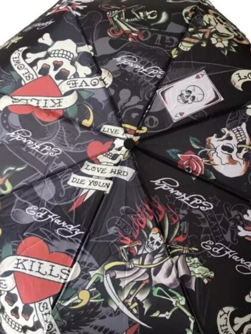 NWT Ed Hardy Skull & Grim Reaper Print Folding Umbrella Compact Size Y2K